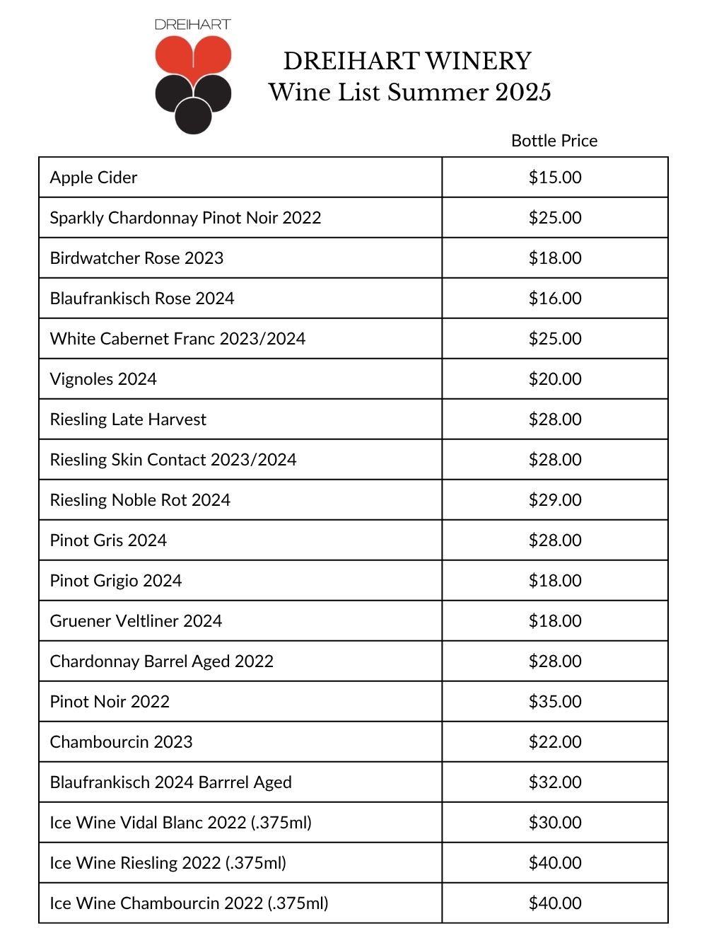 6 Linden Dreihart Winery Wine List